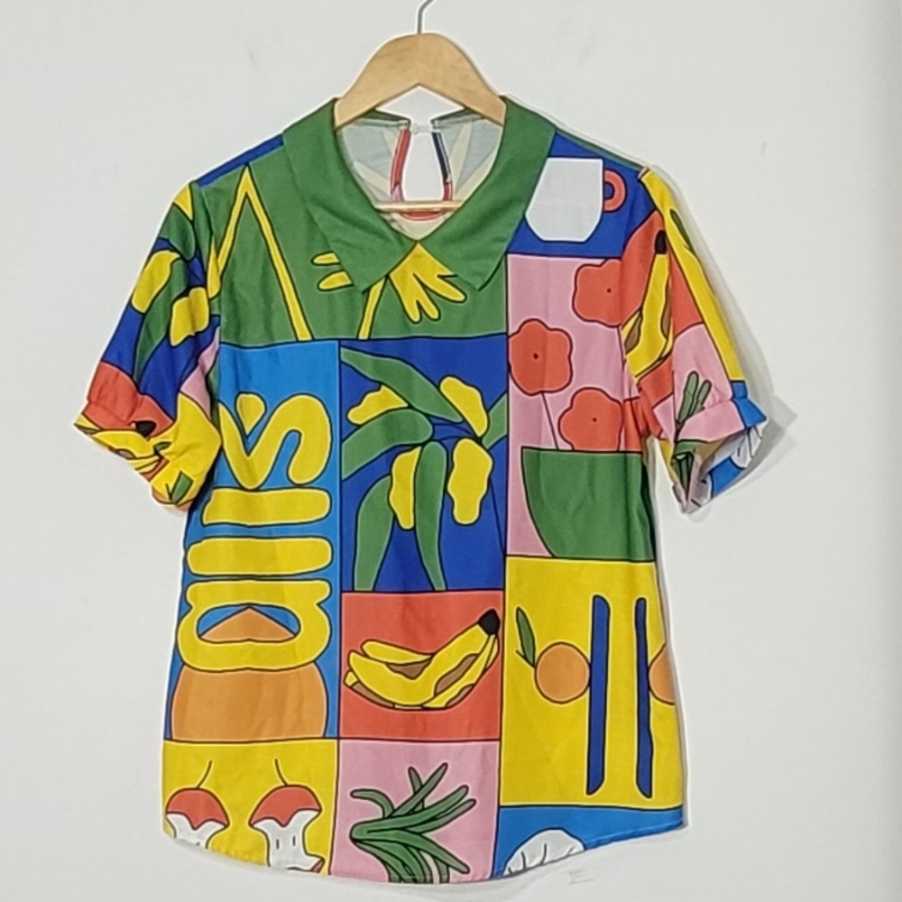 Pop Art Multicolored Abstract Prints Short Sleeve Lightweight Blouse Size Small - Picture 10 of 14